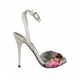 Sandalo da donna con cinturino alla caviglia e plateau in pelle bianca e tessuto stampato multicolor floreale tacco 11 - Misure disponibili: 33, 34, 42, 43, 44, 45