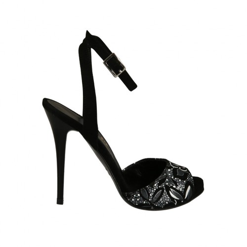 Sandale pour femmes avec courroie à la cheville et plateforme en daim noir et daim imprimé floral blanc et gris talon 11 - Pointures disponibles:  34, 43, 44, 45