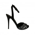 Woman's sandal with anklestrap and platform in black suede and suede with white and grey flower print heel 11