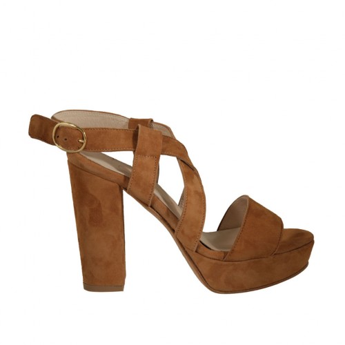 Sandalo da donna con plateau e cinturino in camoscio color cuoio tacco 10 - Misure disponibili: 42, 45