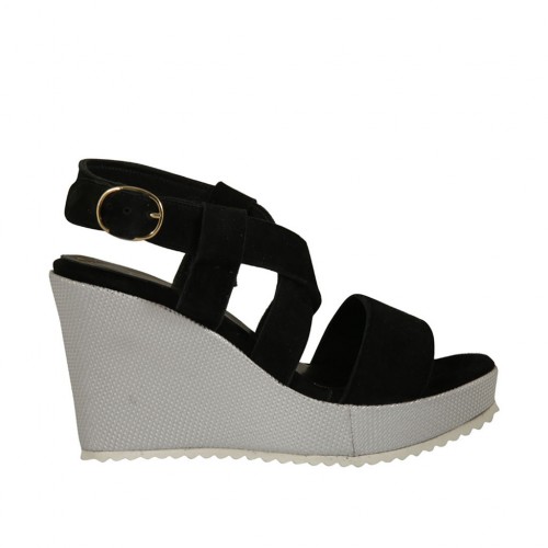 Sandalia para mujer en gamuza negra y tejido laminado plateado con plataforma y cuña 8 - Tallas disponibles:  32, 34