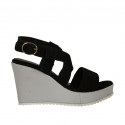 Woman's sandal in black suede and silver laminated fabric with platform and wedge heel 8
