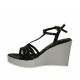 Sandale pour femmes en cuir verni noir et tissu lamé argent avec courroie salomé, plateforme et talon compensé 8 - Pointures disponibles:  33, 34