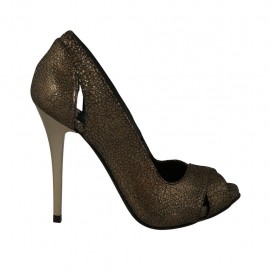 Escarpin à bout ouvert pour femmes avec Plateau en cuir imprimé lamé bronze talon 11 - Pointures disponibles:  31, 34, 42, 43, 44, 45