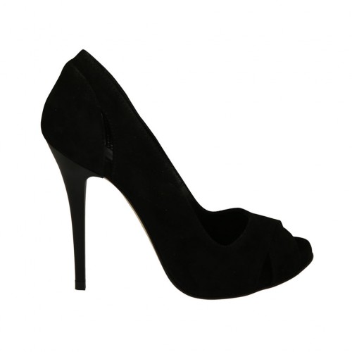 Zapato de salon abierto en punta con plataforma para mujer en gamuza de color negro y con tacon 11 - Tallas disponibles:  33, 46