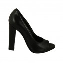 Woman's open toe pump with platform in black leather heel 11