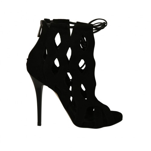 Scarpa aperta da donna con lacci, cerniera e plateau in camoscio nero tacco 11 - Misure disponibili: 33, 34