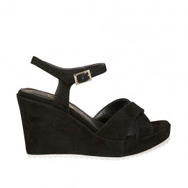 Sandalia para mujer en gamuza negra con cinturon, plataforma y cuña 8 - Tallas disponibles:  32