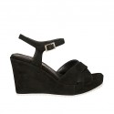 Woman's sandal in black suede with strap, platform and wedge heel 8