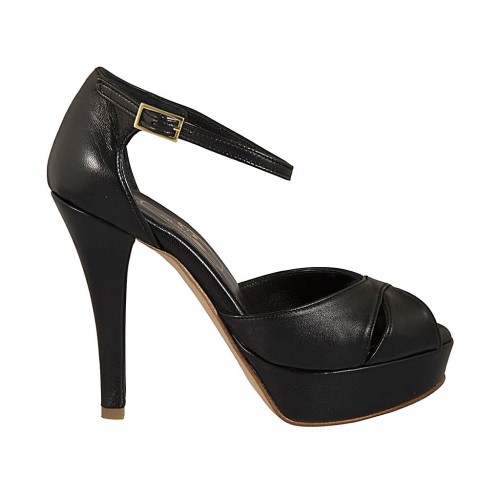 Zapato abierto para mujer con cinturon en piel negra con plataforma y tacon 11 - Tallas disponibles:  42, 43