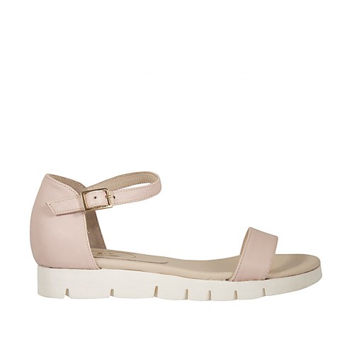 Woman's open shoe with strap in rose leather wedge heel 2 - Available sizes:  33, 43, 47