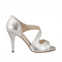 Woman's open shoe in silver laminated leather heel 9