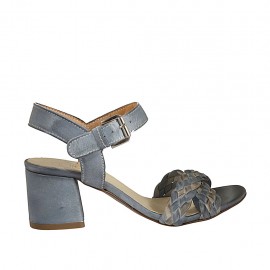 Sandalia para mujer con cinturon en piel trenzada azul grisaceo y gris tacon 5 - Tallas disponibles:  42, 43, 44