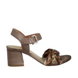 Sandalo da donna con cinturino in pelle taupe e pelle intrecciata beige, cuoio e marrone tacco 5 - Misure disponibili: 42, 43, 44