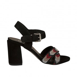 Sandalia para mujer con cinturon y estrás en gamuza negra tacon 7 - Tallas disponibles:  45