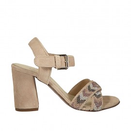 Sandalo da donna con cinturino e strass in camoscio beige tacco 7 - Misure disponibili: 44