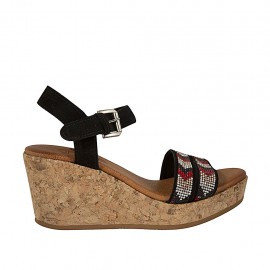 Sandalia para mujer en gamuza negra con cinturon, estras, plataforma y cuña 7 - Tallas disponibles:  43