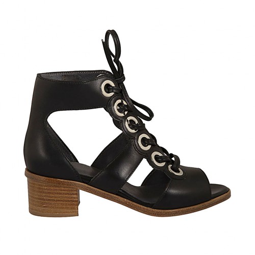 Chaussure ouverte avec lacets pour femmes en cuir noir talon 4 - Pointures disponibles:  34