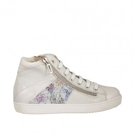 Schnürschuh mit Zip und abnehmbarer Innensohle aus weißem Lackleder,elfenbeinfarbenem Leder mit Blumendruck Keilabsatz 2 - Verfügbare Größen:  33