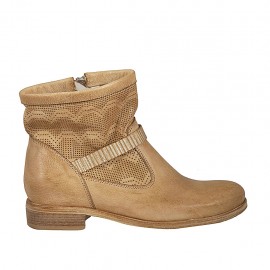 Stivaletto da donna con cerniera in pelle e pelle forata beige tacco 2 - Misure disponibili: 34, 42, 45