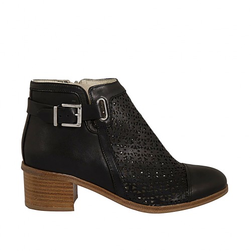 Bottines pour femmes avec fermeture éclair et boucle en cuir et cuir perforé noir talon 4 - Pointures disponibles:  32