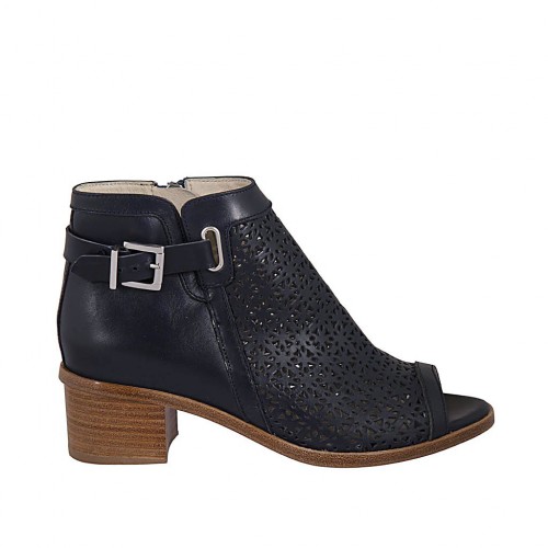 Zapato abierto en punta cerrado hasta el cuello para mujer con cremallera y hebilla en piel perforada azul oscuro tacon 4 - Tallas disponibles:  33, 34, 43, 44, 46