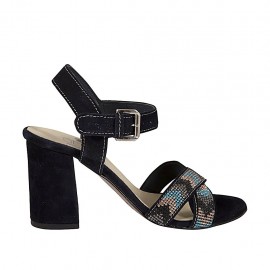 Sandalo da donna con cinturino e strass in camoscio blu scuro tacco 7 - Misure disponibili: 43, 45