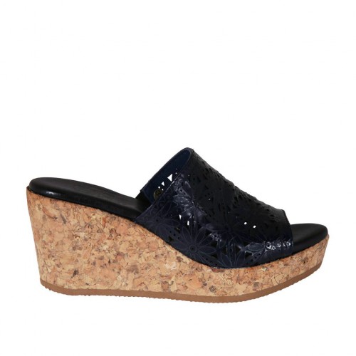 Woman's open mules in dark blue pierced patent leather wedge heel 7 - Available sizes:  42, 43