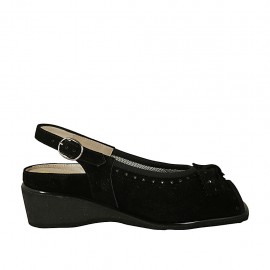 Sandale pour femmes avec noeud et semelle interieur amovible en daim noir talon compensé 4 - Pointures disponibles:  33, 34, 42, 43, 44