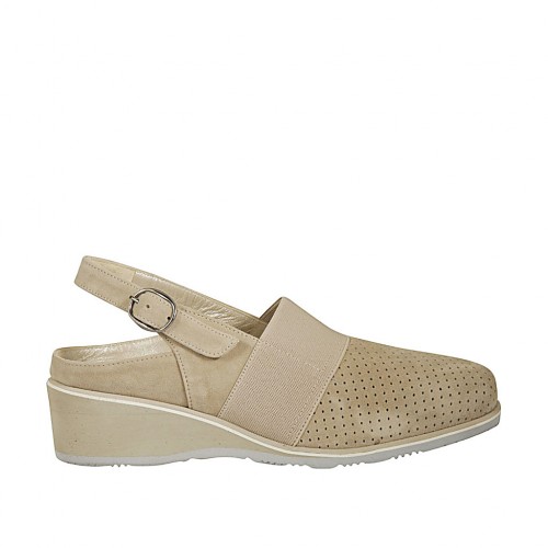 Zapato destalonado para mujer con elastico y plantilla extraible en gamuza y gamuza perforada beis cuña 4 - Tallas disponibles:  33, 34, 42, 43, 44