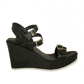 Sandalo da donna con cinturini e fibbie regolabili in pelle nera zeppa 8 - Misure disponibili: 42, 43