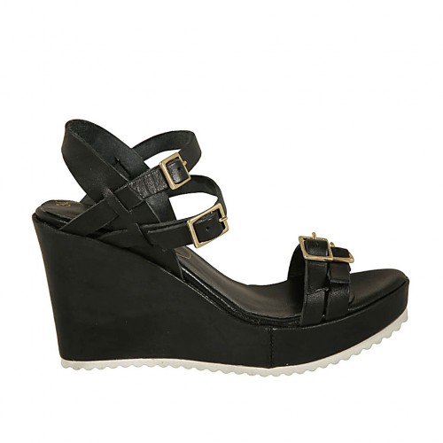 Sandalo da donna con cinturini e fibbie regolabili in pelle nera zeppa 8 - Misure disponibili: 42, 43