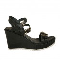 Sandale pour femmes avec plateforme, boucles et courroies réglables en cuir noir talon compensé 8