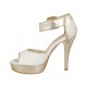 Scarpa aperta da donna con fibbia in pelle bianca e laminata platino con plateau e tacco 10 - Misure disponibili: 46