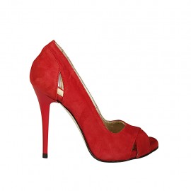 Zapato de salon abierto en punta con plataforma para mujer en gamuza de color rojo y con tacon 11 - Tallas disponibles:  46
