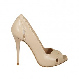 Zapato de salon abierto en punta con plataforma para mujer en piel color desnudo perlado tacon 11 - Tallas disponibles:  31, 42, 44