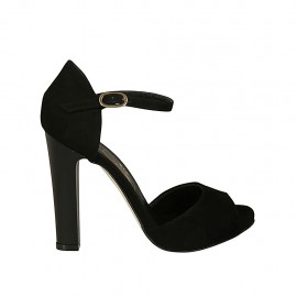 Offener Damenschuh mit Plateau und Riem aus schwarzem Wildleder Absatz 11 - Verfügbare Größen:  31, 34