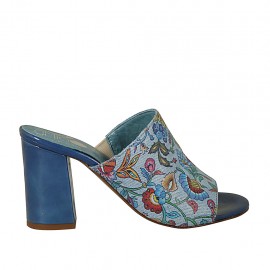 Sabot aperto da donna in vernice azzurra e tessuto con stampa floreale tacco 7 - Misure disponibili: 42
