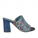 Woman's open mules in blue patent leather and fabric with flowers print heel 7