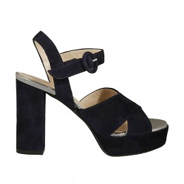 Sandalo da donna in camoscio blu e pelle laminata argento con cinturino, plateau e tacco 9 - Misure disponibili: 32, 43