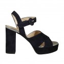 Woman's sandal in dark blue suede and silver laminated leather with strap, platform and heel 9
