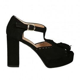 Zapato abierto para mujer con cinturon, borlas y plataforma en gamuza negra tacon 9 - Tallas disponibles:  43