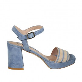 Sandalo da donna con cinturino e plateau in camoscio azzurro e beige tacco 7 - Misure disponibili: 42, 43, 44