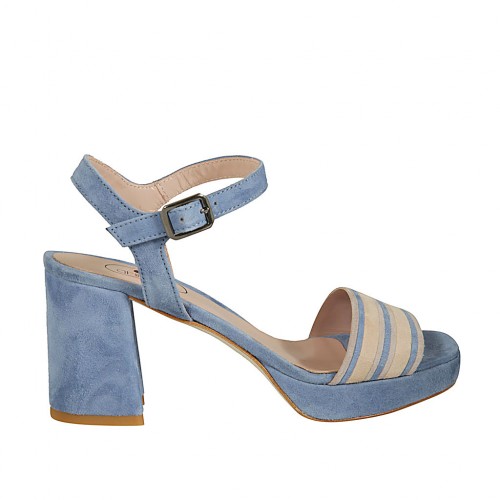 Sandalo da donna con cinturino e plateau in camoscio azzurro e beige tacco 7 - Misure disponibili: 42, 43, 44