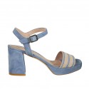 Woman's strap sandal with platform in light blue and beige suede heel 7