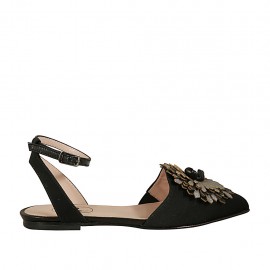 Slingback für Damen aus schwarzem gestreiftem Stoff und Leder mit Blume aus schwarzem und grauem Leder und Riem Absatz 1 - Verfügbare Größen:  33