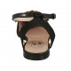 Chanel da donna in tessuto rigato nero e pelle nera con fiore in pelle nera e grigia e cinturino tacco 1 - Misure disponibili: 33