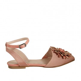 Slingback für Damen aus rosanem gestreiftem Stoff und Leder mit Blume aus rosanem und beigem Leder und Riem Absatz 1 - Verfügbare Größen:  33