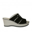 Woman's highfronted open mules with rhinestones in black suede with platform and wedge heel 7