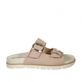 Sabot aperto da donna con fibbie, perle e borchie in nabuk rosa zeppa 2 - Misure disponibili: 42